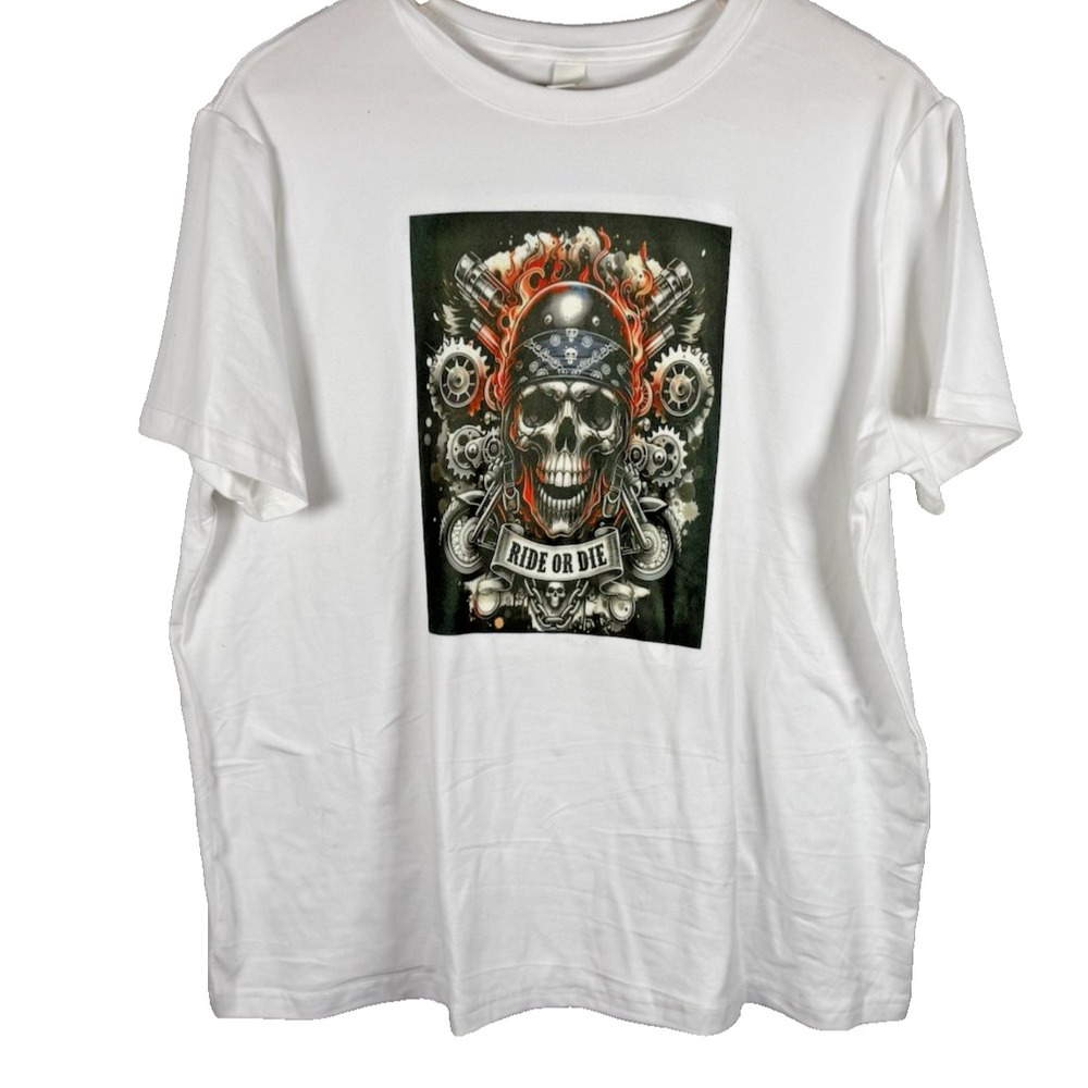 Retro Ride Or Die Skull Motor Biker Flames White T-shirt‎ Unisex XXL NEW